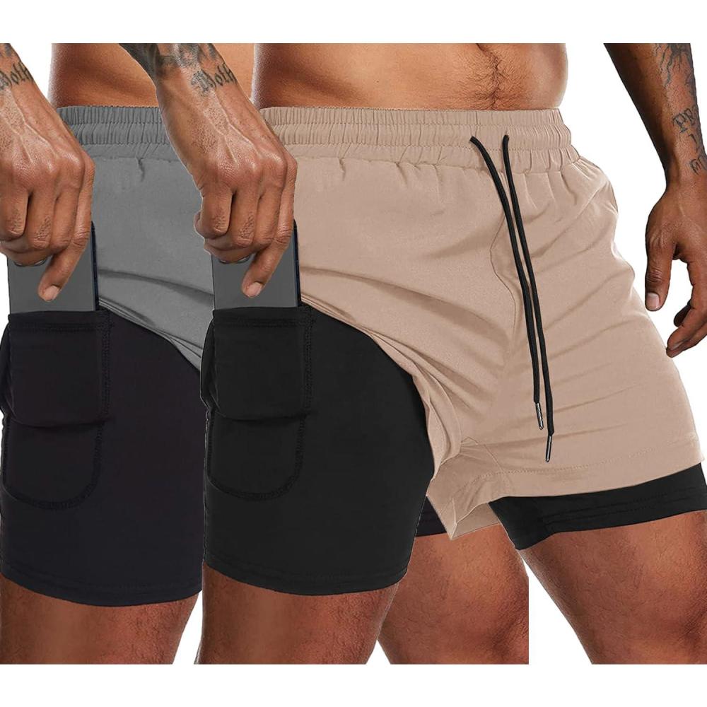 imageCOOFANDY Mens 2 Pack Running Shorts 2 in 1 Workout Shorts Quick Dry Gym Training Athletic Jogger with Phone Pockets2pack Champagne Khakilight Grey