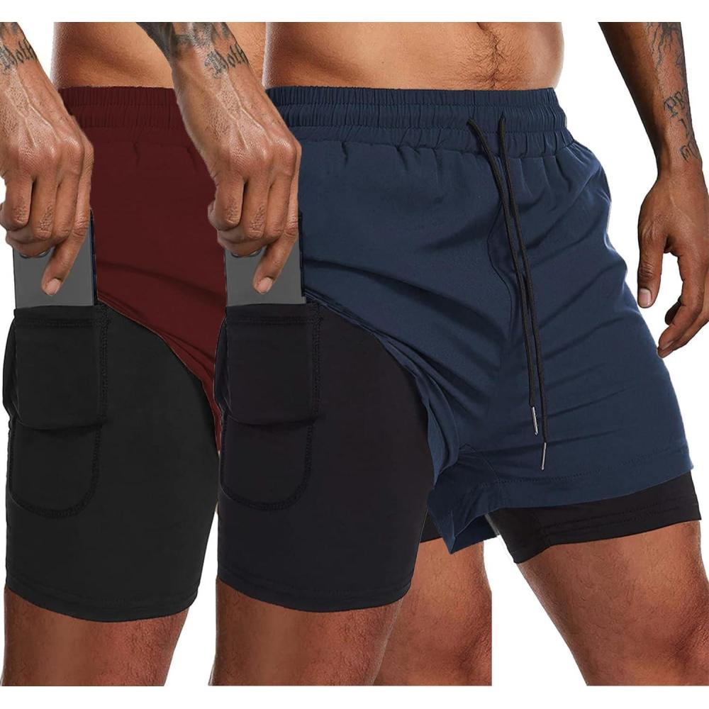 imageCOOFANDY Mens 2 Pack Running Shorts 2 in 1 Workout Shorts Quick Dry Gym Training Athletic Jogger with Phone Pockets2pack Wine Rednavy Blue