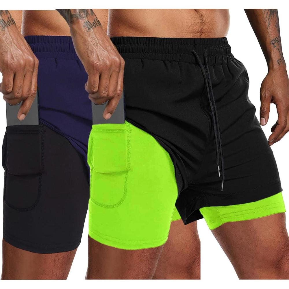imageCOOFANDY Mens 2 Pack Running Shorts 2 in 1 Workout Shorts Quick Dry Gym Training Athletic Jogger with Phone Pockets2packblackfluorescentnavy Blue