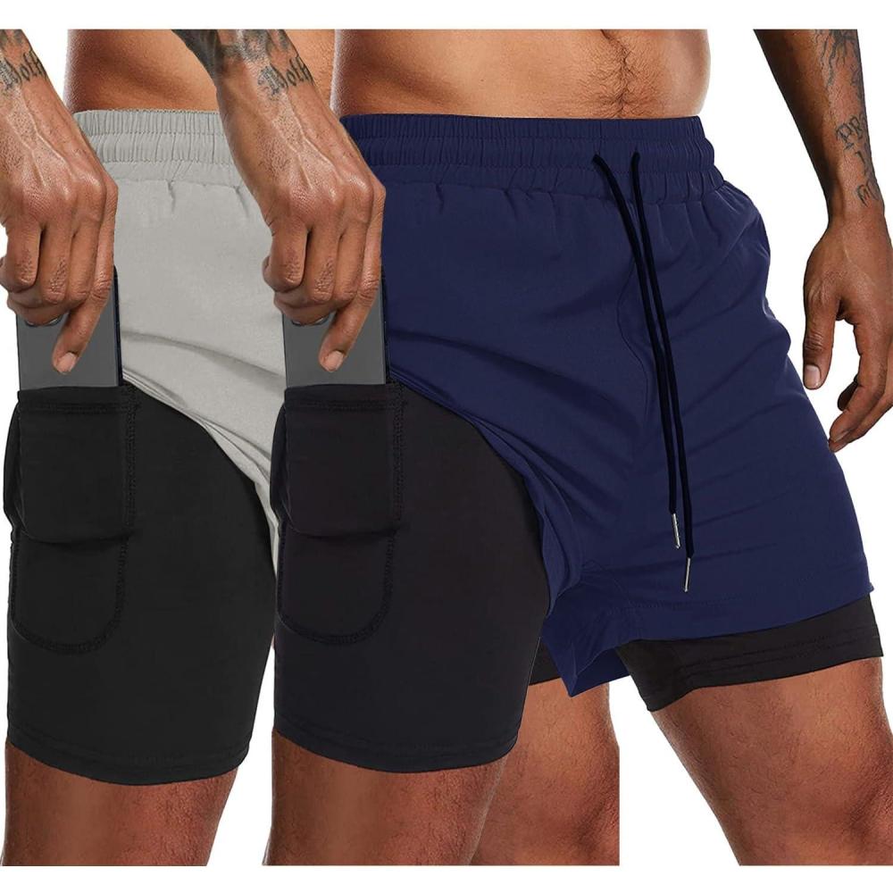 imageCOOFANDY Mens 2 Pack Running Shorts 2 in 1 Workout Shorts Quick Dry Gym Training Athletic Jogger with Phone Pockets2packlight Greynavy Blue