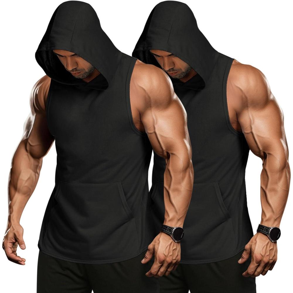 imageCOOFANDY Mens 2 Pack Workout Hooded Tank Tops Bodybuilding Muscle Cut Off T Shirt Sleeveless Gym HoodiesBlackblack