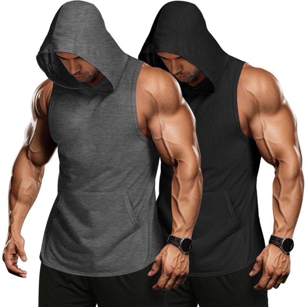 imageCOOFANDY Mens 2 Pack Workout Hooded Tank Tops Bodybuilding Muscle Cut Off T Shirt Sleeveless Gym HoodiesBlackdark Grey