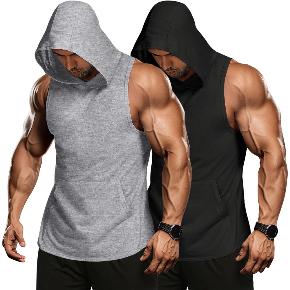 imageCOOFANDY Mens 2 Pack Workout Hooded Tank Tops Bodybuilding Muscle Cut Off T Shirt Sleeveless Gym HoodiesBlacklight Grey