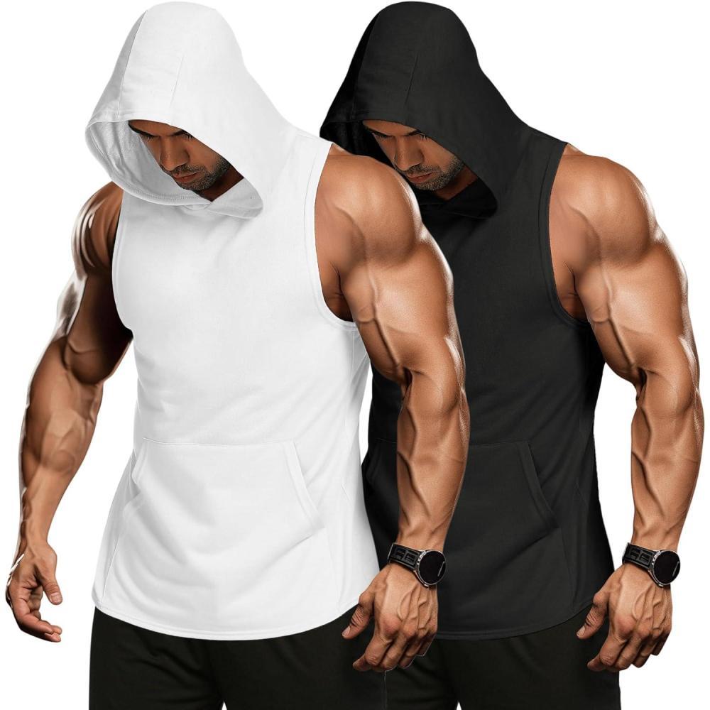 imageCOOFANDY Mens 2 Pack Workout Hooded Tank Tops Bodybuilding Muscle Cut Off T Shirt Sleeveless Gym HoodiesBlackwhite