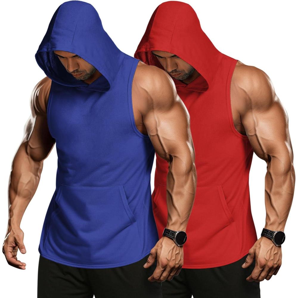 imageCOOFANDY Mens 2 Pack Workout Hooded Tank Tops Bodybuilding Muscle Cut Off T Shirt Sleeveless Gym HoodiesRedblue