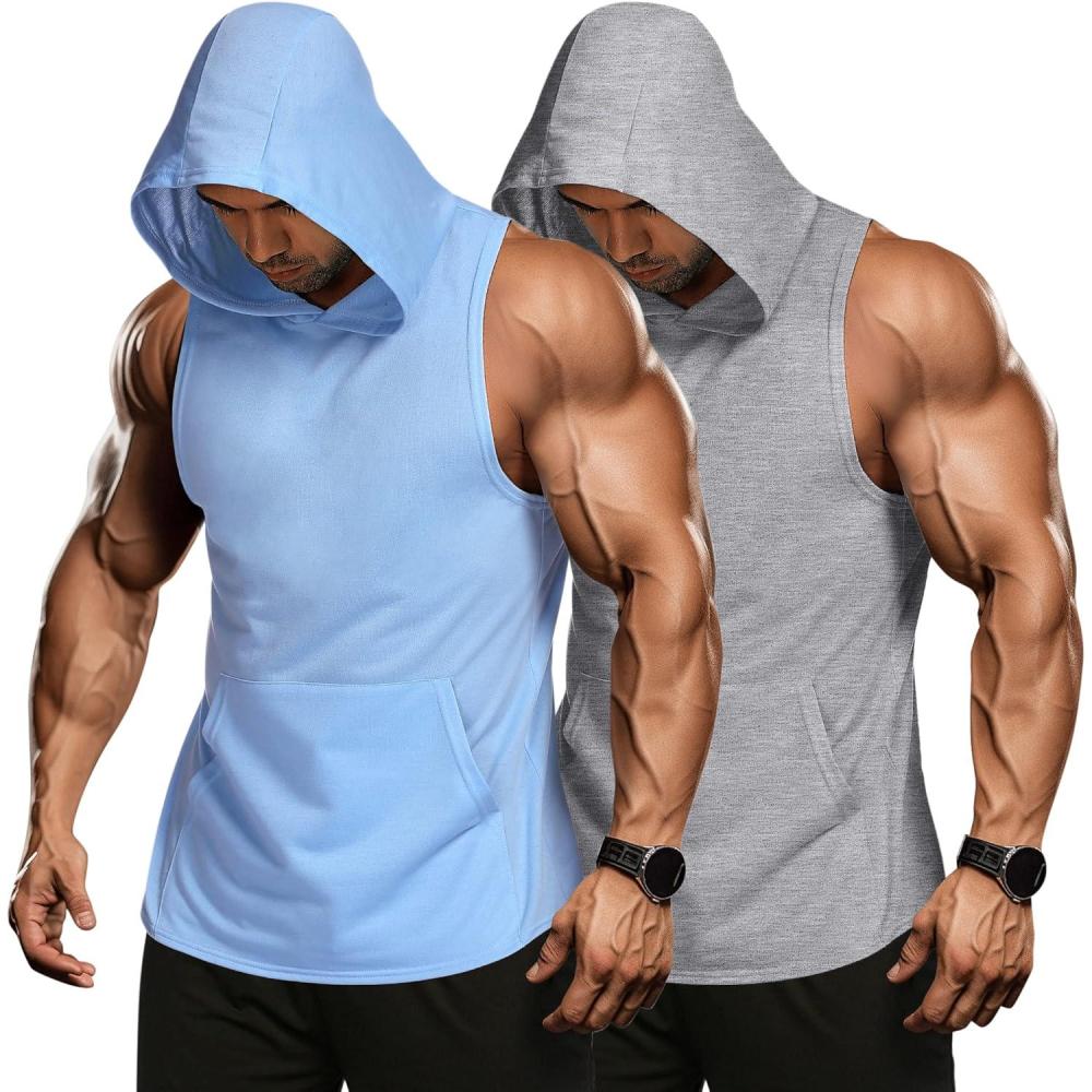 imageCOOFANDY Mens 2 Pack Workout Hooded Tank Tops Bodybuilding Muscle Cut Off T Shirt Sleeveless Gym HoodiesSky Bluegrey