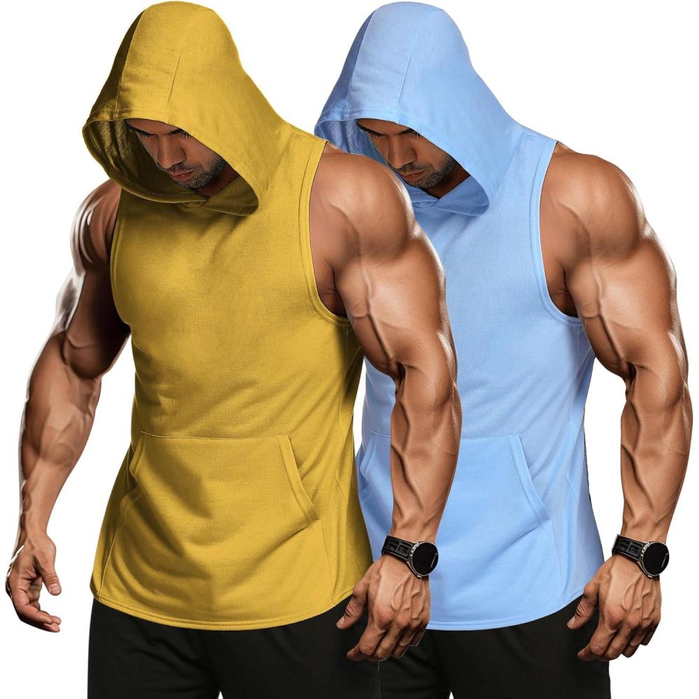 imageCOOFANDY Mens 2 Pack Workout Hooded Tank Tops Bodybuilding Muscle Cut Off T Shirt Sleeveless Gym HoodiesSky Blueyellow