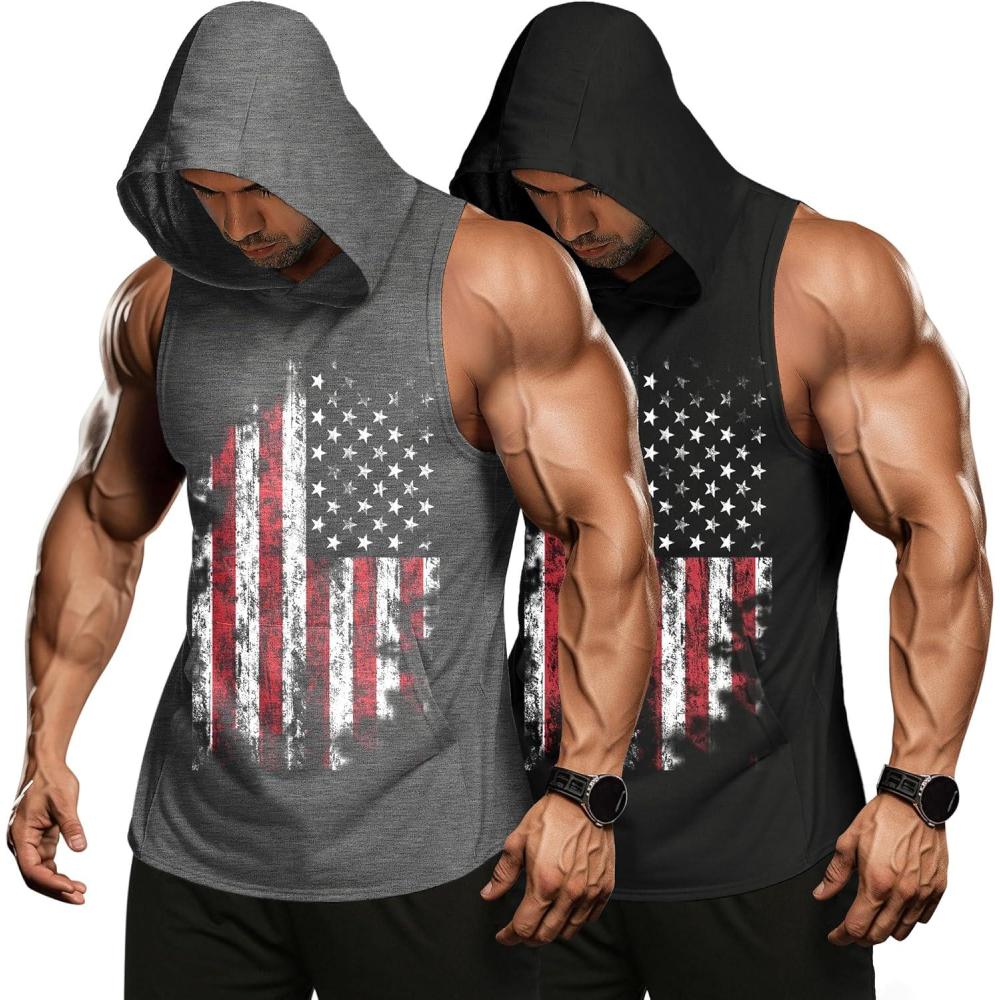 imageCOOFANDY Mens 2 Pack Workout Hooded Tank Tops Bodybuilding Muscle Cut Off T Shirt Sleeveless Gym HoodiesUsa Flag2
