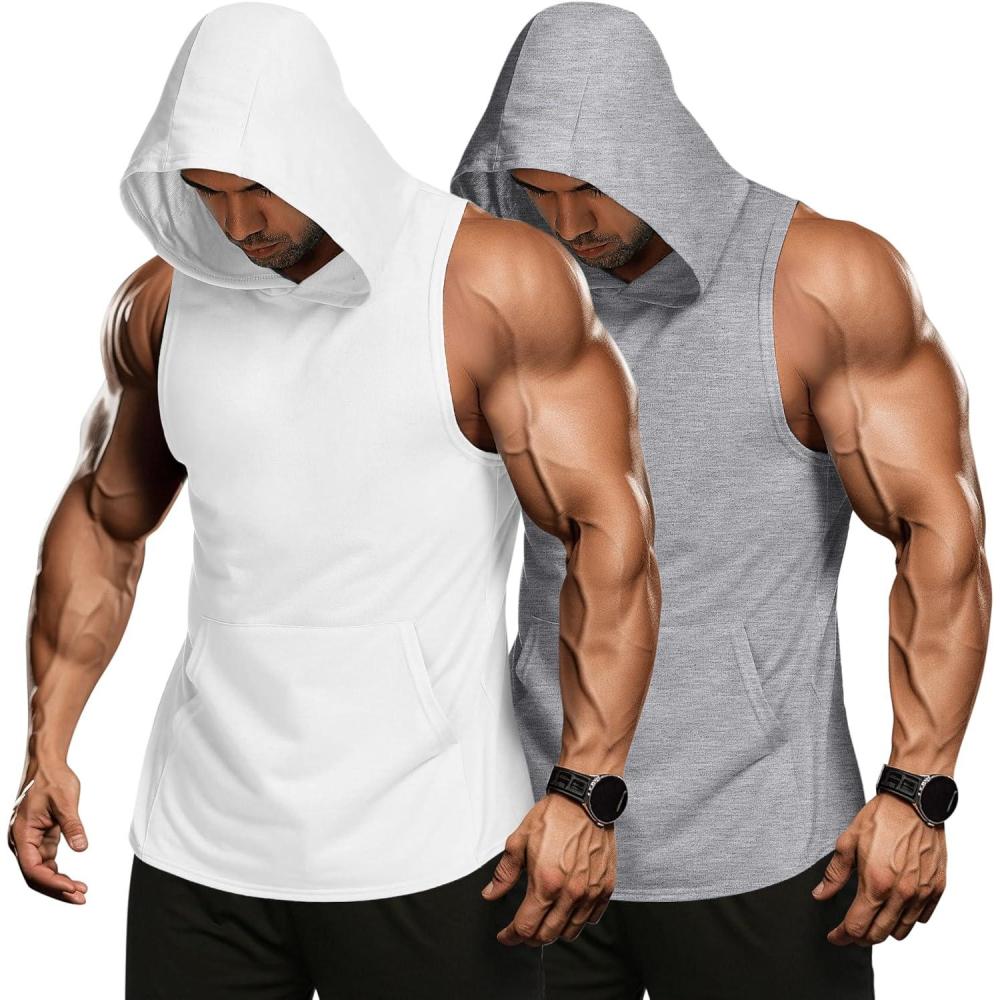 imageCOOFANDY Mens 2 Pack Workout Hooded Tank Tops Bodybuilding Muscle Cut Off T Shirt Sleeveless Gym HoodiesWhitegray