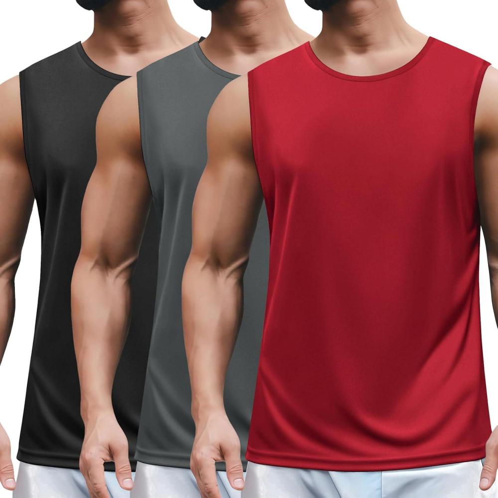 imageCOOFANDY Mens 2 Pack Workout Tank Top UPF 50 Quick Dry Sleeveless Swim Shirt Gym Muscle Athletic Summer Beach T ShirtsBlackDark GreyRed