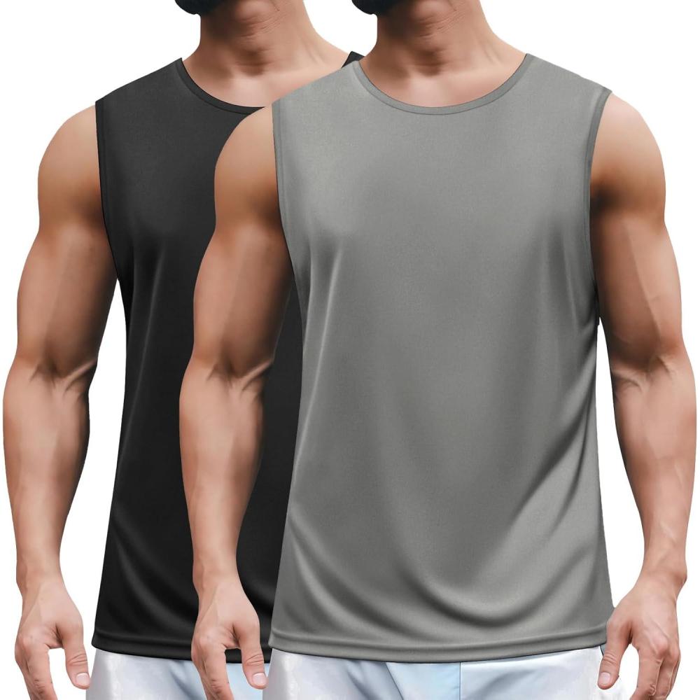 imageCOOFANDY Mens 2 Pack Workout Tank Top UPF 50 Quick Dry Sleeveless Swim Shirt Gym Muscle Athletic Summer Beach T ShirtsBlackLight Grey