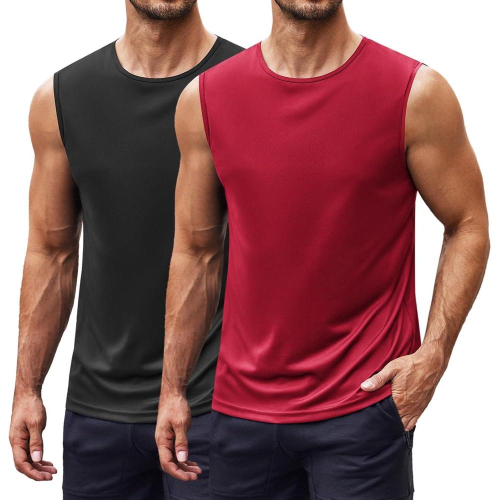 imageCOOFANDY Mens 2 Pack Workout Tank Top UPF 50 Quick Dry Sleeveless Swim Shirt Gym Muscle Athletic Summer Beach T ShirtsBlackRed