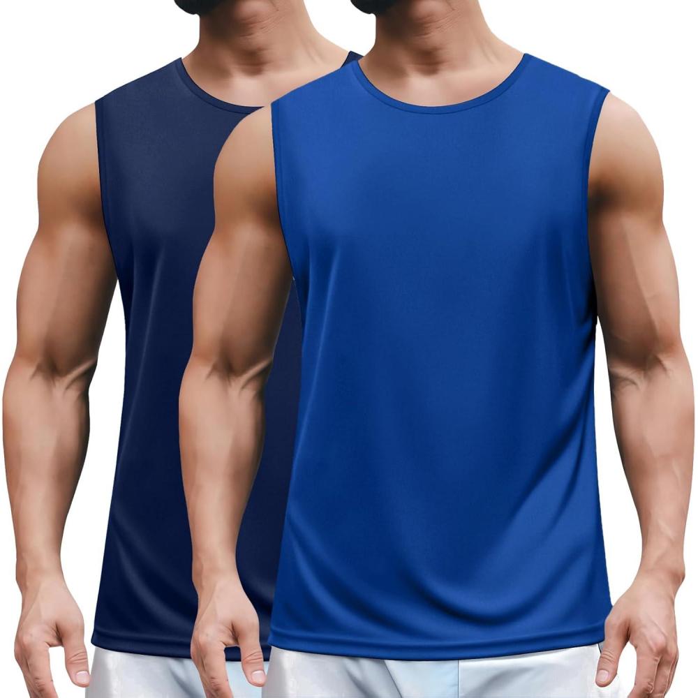imageCOOFANDY Mens 2 Pack Workout Tank Top UPF 50 Quick Dry Sleeveless Swim Shirt Gym Muscle Athletic Summer Beach T ShirtsBlueNavy Blue