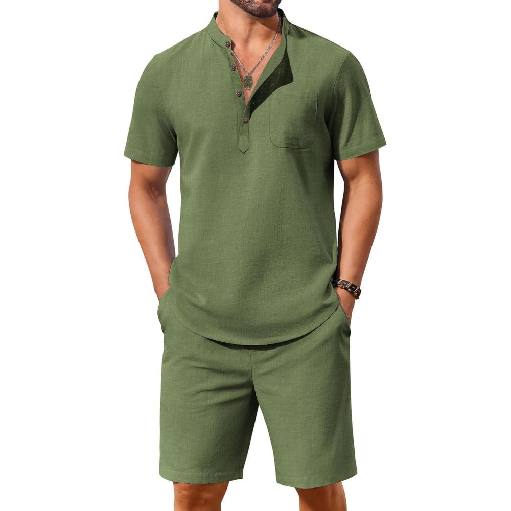 imageCOOFANDY Mens 2 Piece Cotton Linen Sets Summer Beach Outfits Casual Short Sleeve Henley Shirts and Vacation ShortsArmy Green