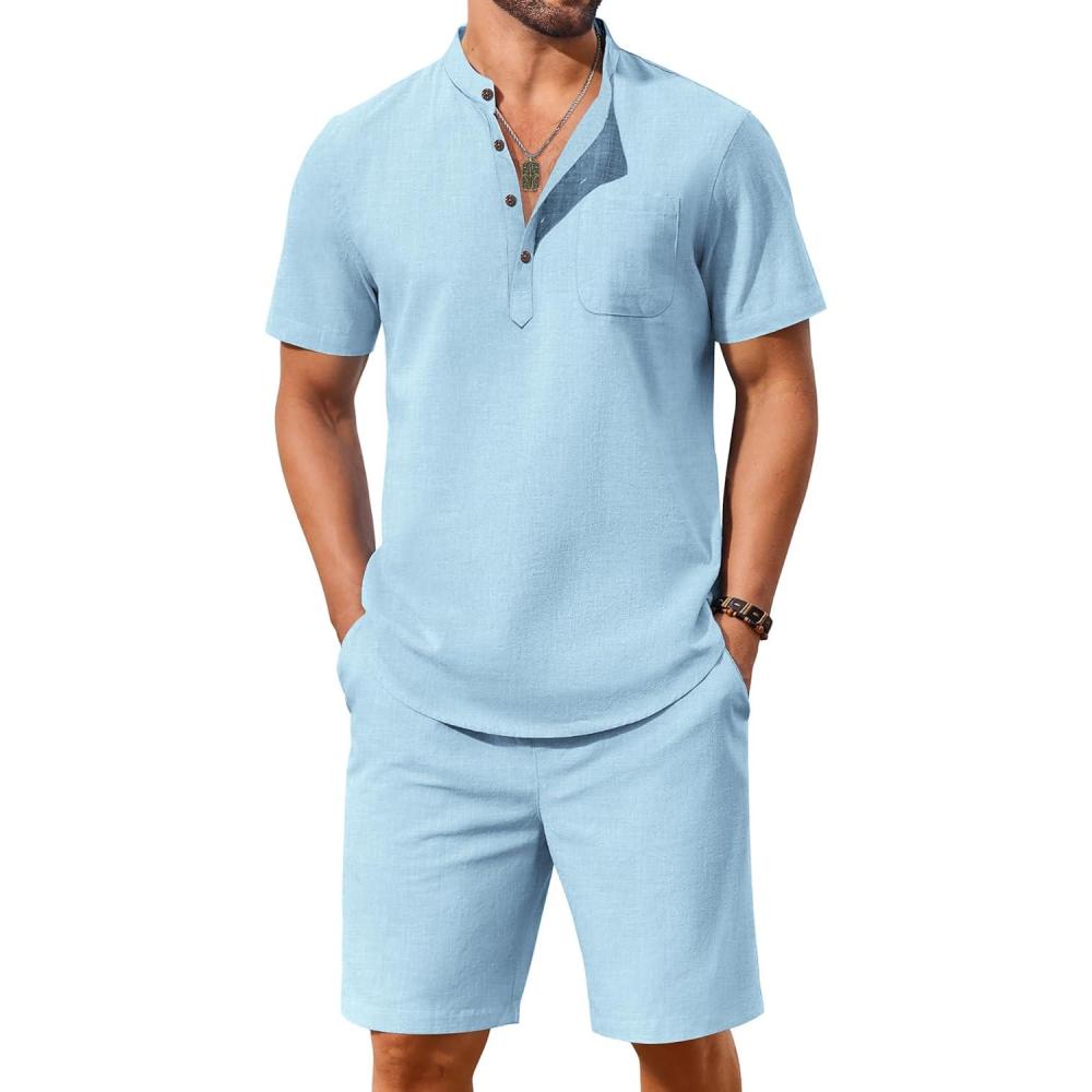 imageCOOFANDY Mens 2 Piece Cotton Linen Sets Summer Beach Outfits Casual Short Sleeve Henley Shirts and Vacation ShortsBlue