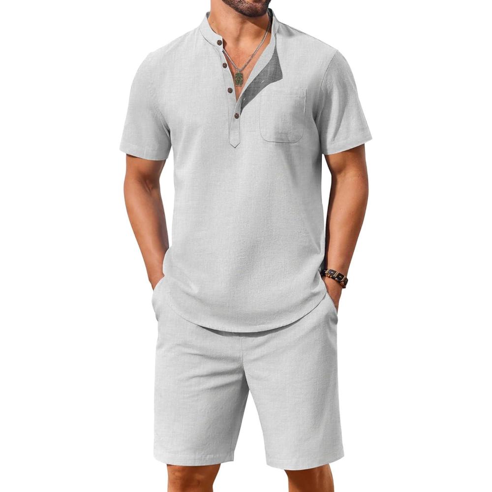 imageCOOFANDY Mens 2 Piece Cotton Linen Sets Summer Beach Outfits Casual Short Sleeve Henley Shirts and Vacation ShortsGrey