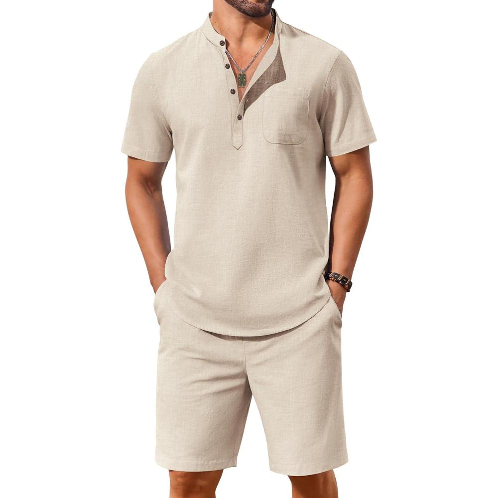 imageCOOFANDY Mens 2 Piece Cotton Linen Sets Summer Beach Outfits Casual Short Sleeve Henley Shirts and Vacation ShortsLight Khaki
