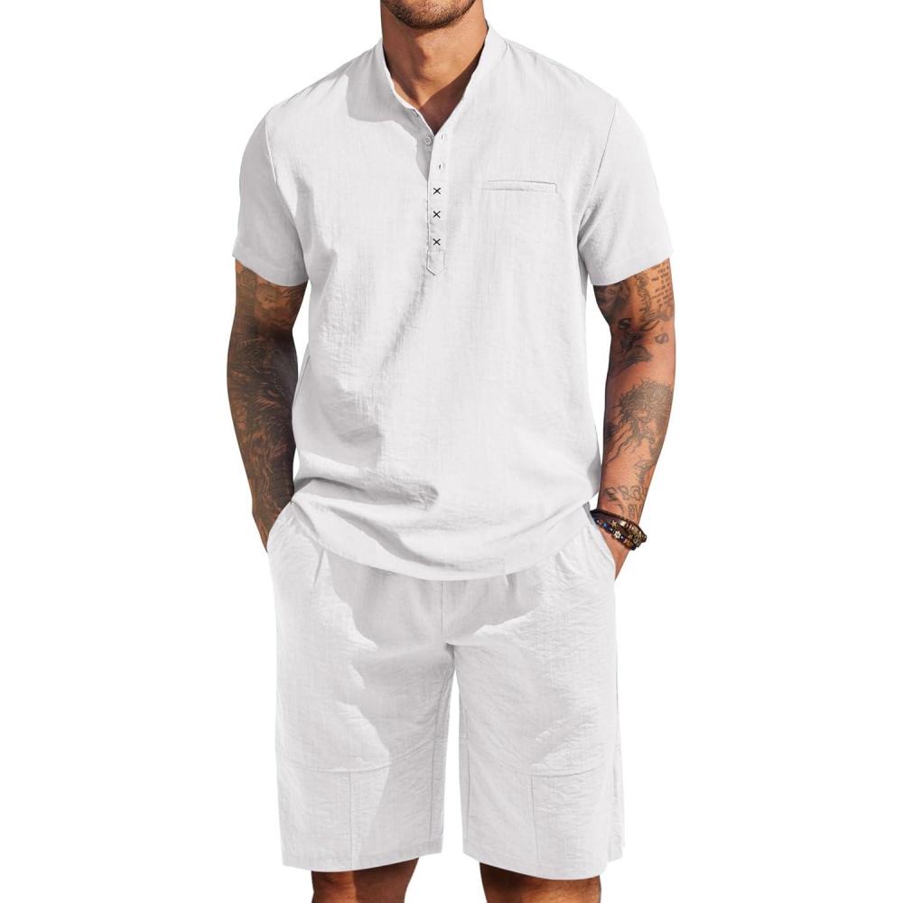 imageCOOFANDY Mens 2 Piece Cotton Linen Sets Summer Beach Outfits Casual Short Sleeve Henley Shirts and Vacation ShortsWhite
