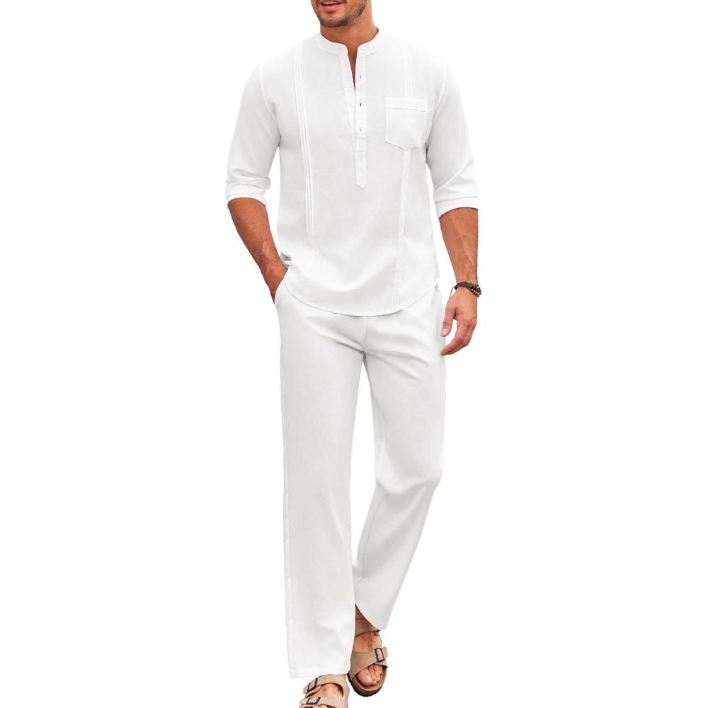 imageCOOFANDY Mens 2 Piece Cotton Sets Casual Long Sleeve Cuban Henley Shirt and Loose Pants Set Beach Vacation OutfitsAll White