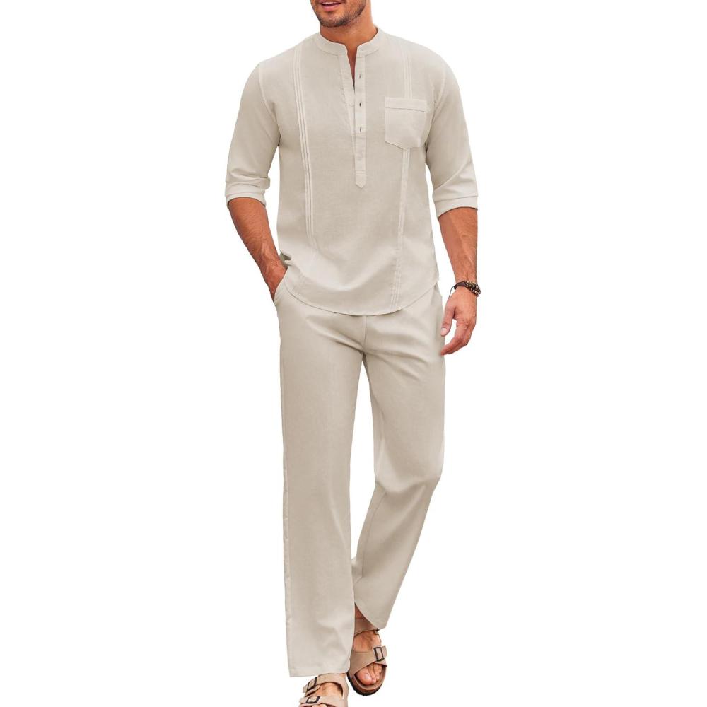 imageCOOFANDY Mens 2 Piece Cotton Sets Casual Long Sleeve Cuban Henley Shirt and Loose Pants Set Beach Vacation OutfitsBeige