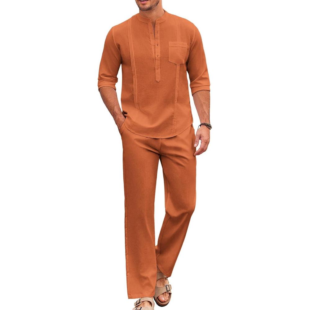 imageCOOFANDY Mens 2 Piece Cotton Sets Casual Long Sleeve Cuban Henley Shirt and Loose Pants Set Beach Vacation OutfitsCaramel