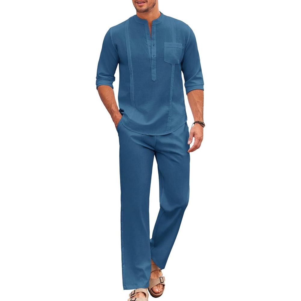 imageCOOFANDY Mens 2 Piece Cotton Sets Casual Long Sleeve Cuban Henley Shirt and Loose Pants Set Beach Vacation OutfitsDenim Blue