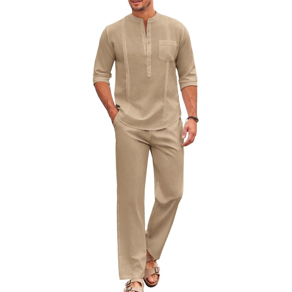 imageCOOFANDY Mens 2 Piece Cotton Sets Casual Long Sleeve Cuban Henley Shirt and Loose Pants Set Beach Vacation OutfitsKhaki