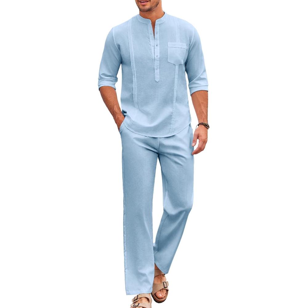 imageCOOFANDY Mens 2 Piece Cotton Sets Casual Long Sleeve Cuban Henley Shirt and Loose Pants Set Beach Vacation OutfitsLight Blue