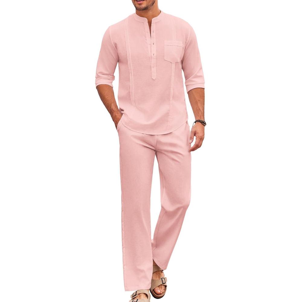 imageCOOFANDY Mens 2 Piece Cotton Sets Casual Long Sleeve Cuban Henley Shirt and Loose Pants Set Beach Vacation OutfitsPink