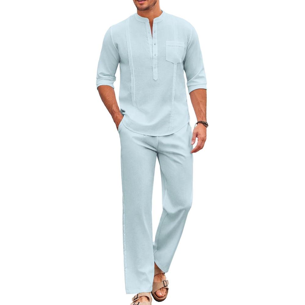 imageCOOFANDY Mens 2 Piece Cotton Sets Casual Long Sleeve Cuban Henley Shirt and Loose Pants Set Beach Vacation OutfitsSky Blue