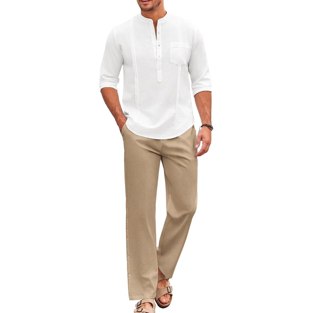 imageCOOFANDY Mens 2 Piece Cotton Sets Casual Long Sleeve Cuban Henley Shirt and Loose Pants Set Beach Vacation OutfitsWhite Shirt Khaki Pants