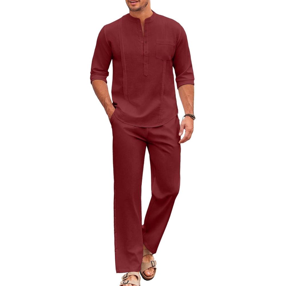 imageCOOFANDY Mens 2 Piece Cotton Sets Casual Long Sleeve Cuban Henley Shirt and Loose Pants Set Beach Vacation OutfitsWine Red