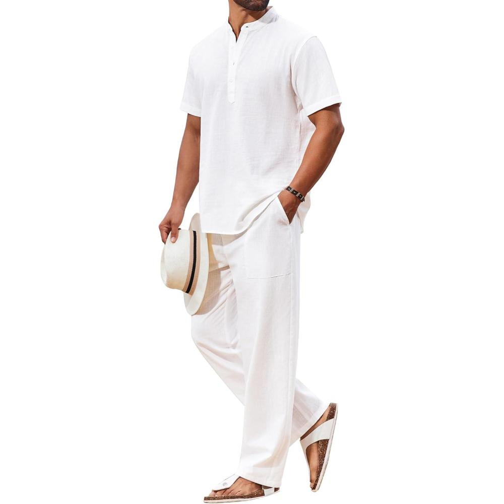 imageCOOFANDY Mens 2 Piece Cotton Sets Casual Short Sleeve Henley Shirts and Beach Pants with Pockets Summer Vacation OutfitsAwhite