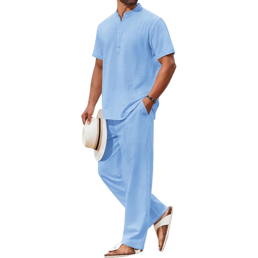 imageCOOFANDY Mens 2 Piece Cotton Sets Casual Short Sleeve Henley Shirts and Beach Pants with Pockets Summer Vacation OutfitsBlue