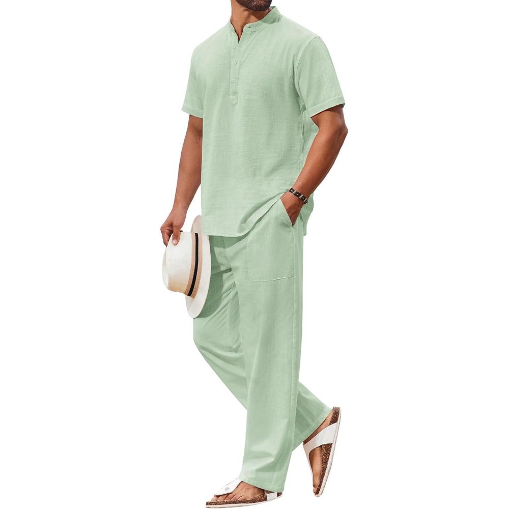 imageCOOFANDY Mens 2 Piece Cotton Sets Casual Short Sleeve Henley Shirts and Beach Pants with Pockets Summer Vacation OutfitsGreen