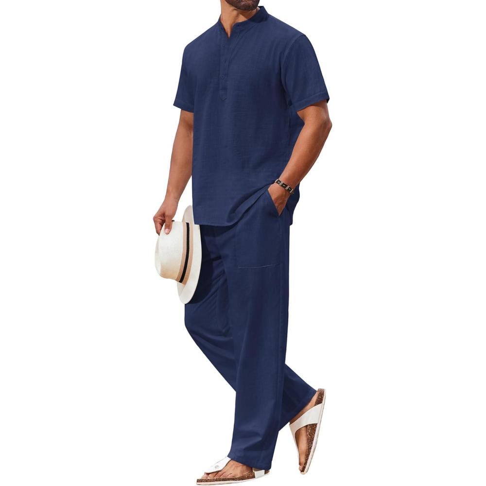 imageCOOFANDY Mens 2 Piece Cotton Sets Casual Short Sleeve Henley Shirts and Beach Pants with Pockets Summer Vacation OutfitsNavy Blue