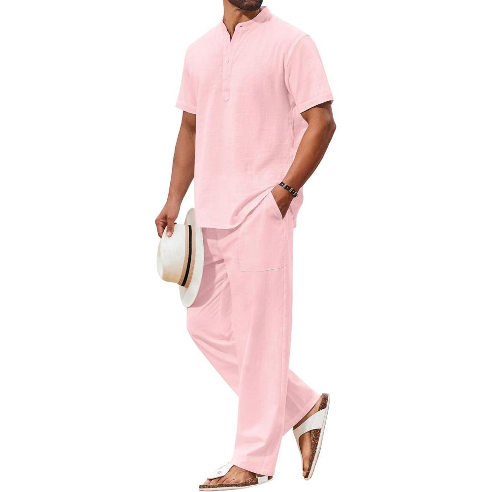 imageCOOFANDY Mens 2 Piece Cotton Sets Casual Short Sleeve Henley Shirts and Beach Pants with Pockets Summer Vacation OutfitsPink
