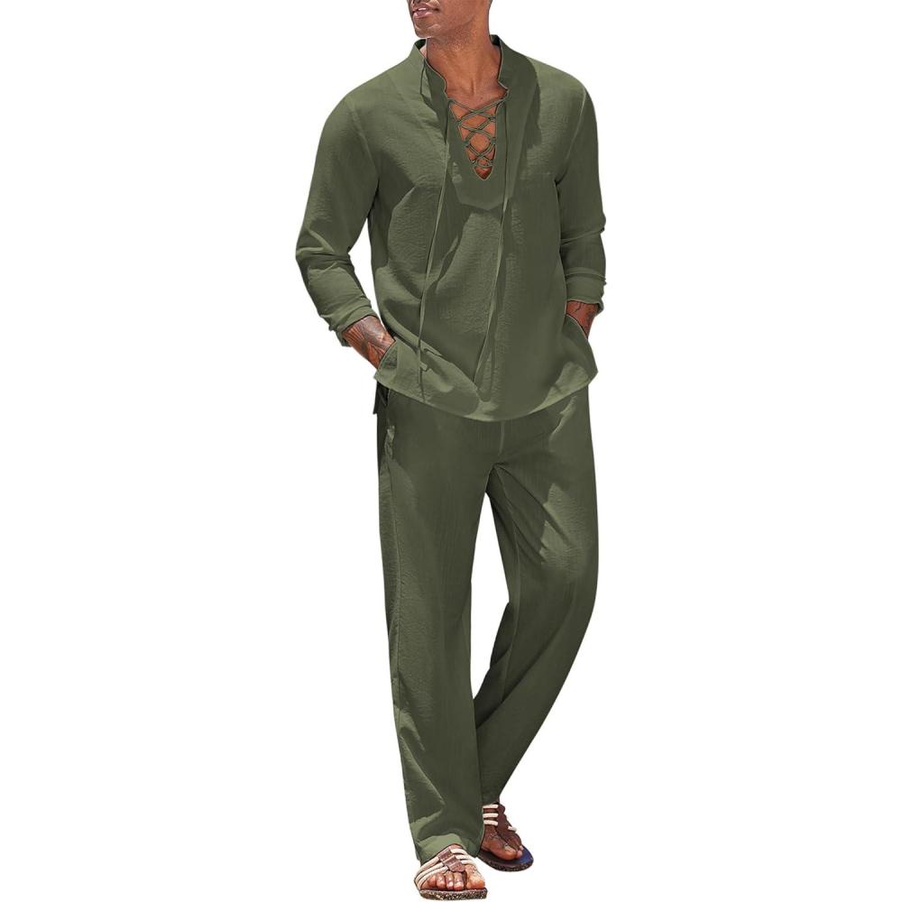 imageCOOFANDY Mens 2 Piece Linen Set Long Sleeve Henley Shirts Casual Beach Pants With Pockets Summer Yoga OutfitsArmy Green