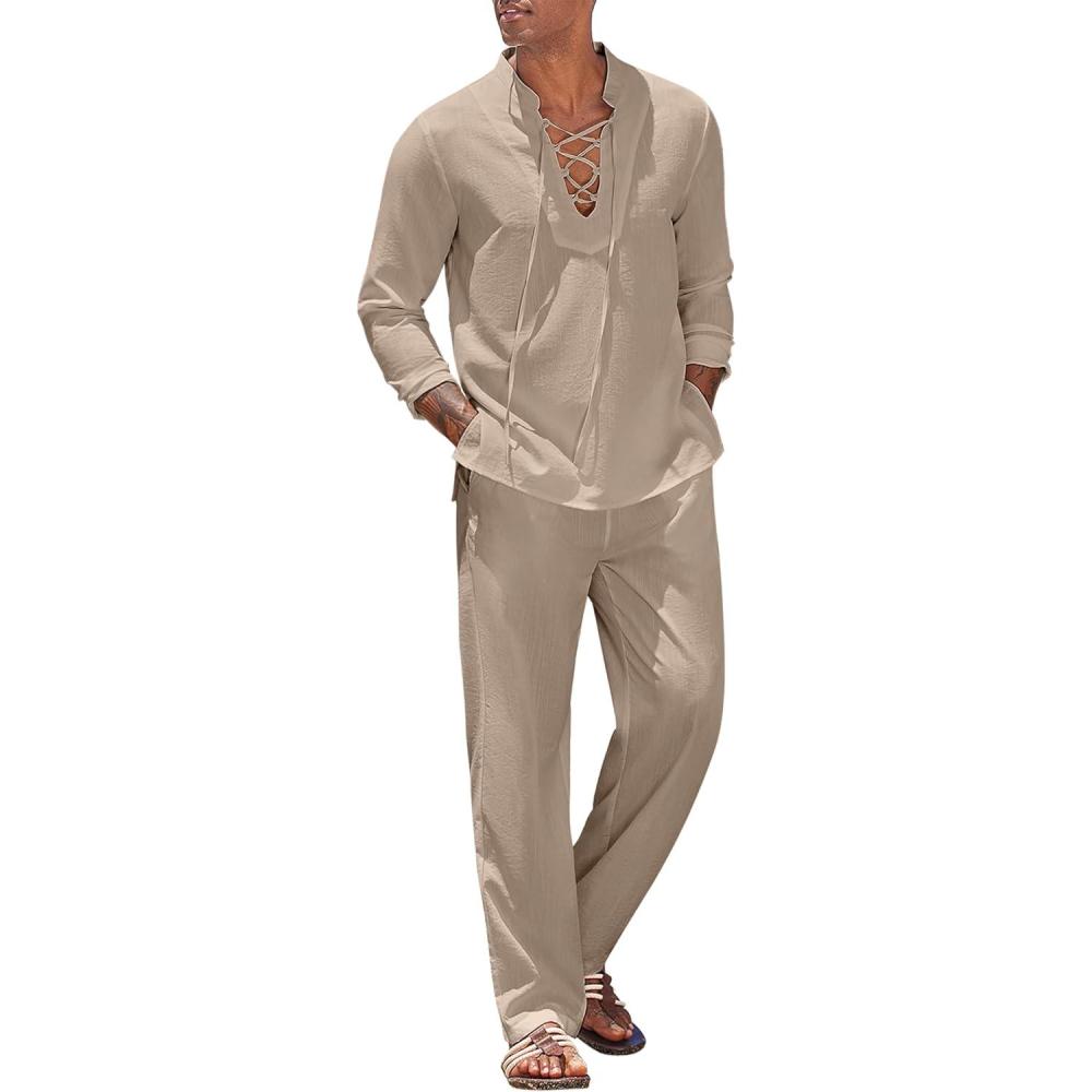 imageCOOFANDY Mens 2 Piece Linen Set Long Sleeve Henley Shirts Casual Beach Pants With Pockets Summer Yoga OutfitsKhaki