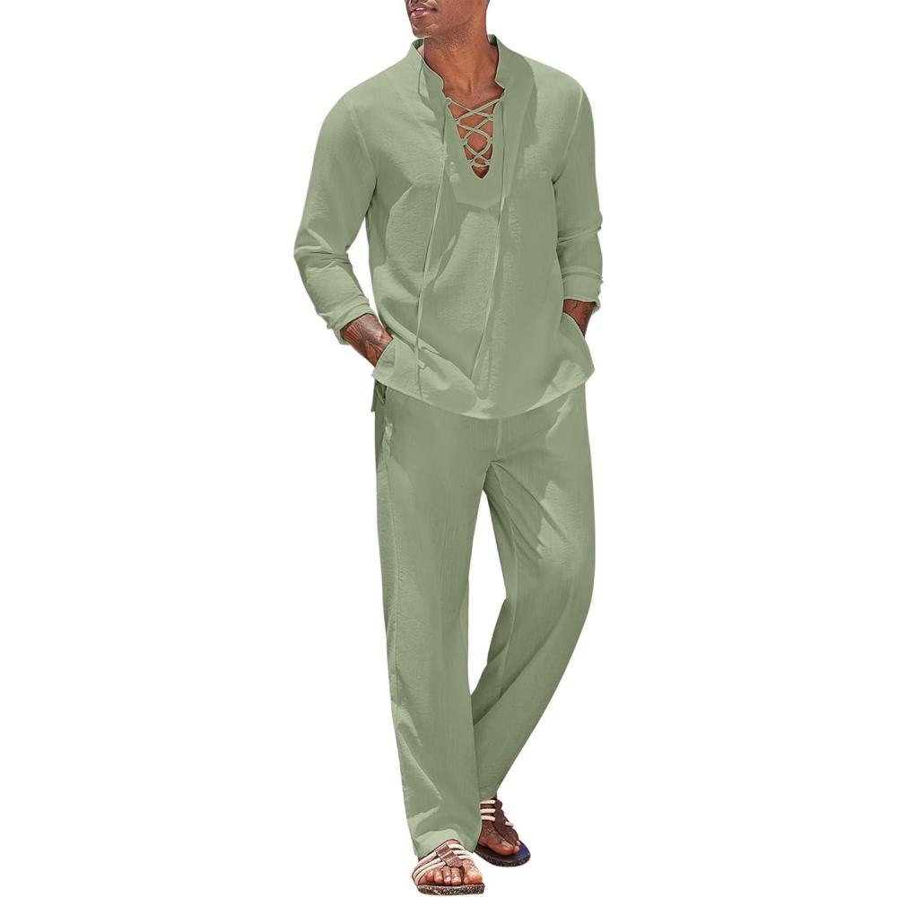 imageCOOFANDY Mens 2 Piece Linen Set Long Sleeve Henley Shirts Casual Beach Pants With Pockets Summer Yoga OutfitsLight Green