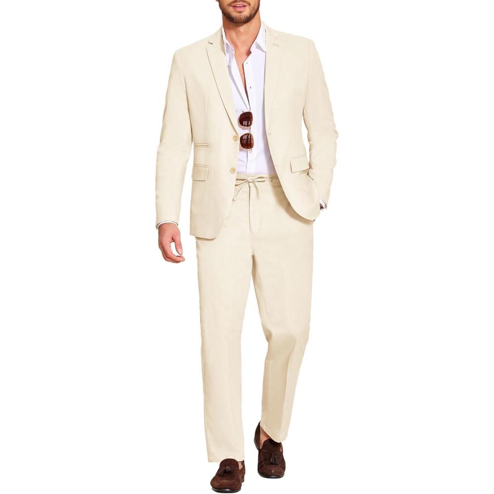 imageCOOFANDY Mens 2 Piece Linen Suits Set Regular Fit Casual Lightweight Blazer Jacket and PantsBeige