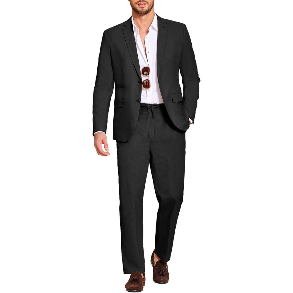 imageCOOFANDY Mens 2 Piece Linen Suits Set Regular Fit Casual Lightweight Blazer Jacket and PantsBlack