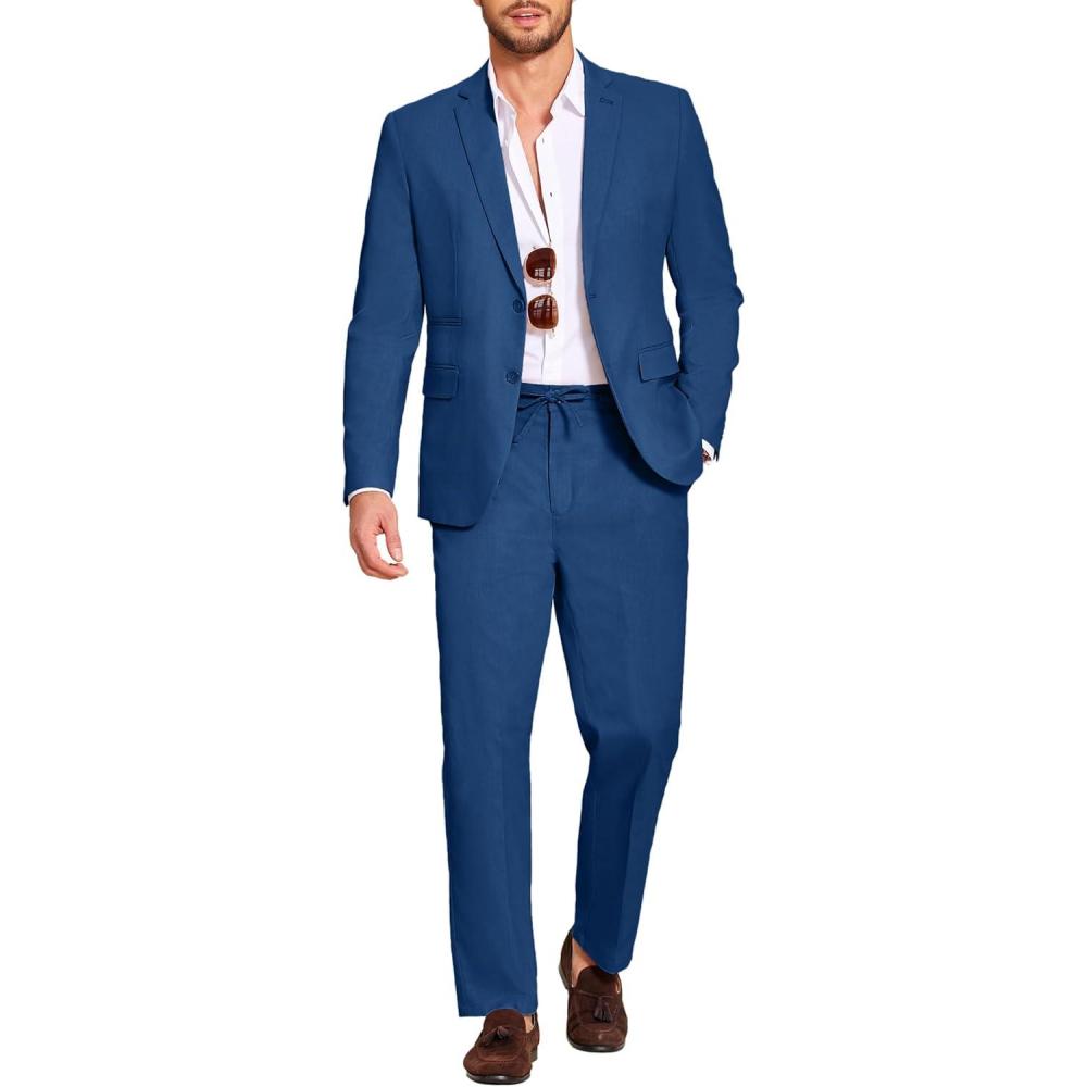 imageCOOFANDY Mens 2 Piece Linen Suits Set Regular Fit Casual Lightweight Blazer Jacket and PantsDeep Blue