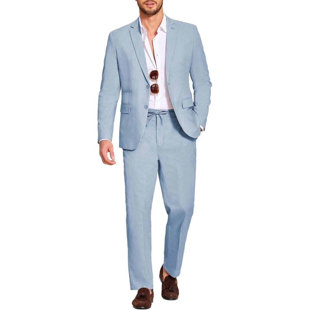 imageCOOFANDY Mens 2 Piece Linen Suits Set Regular Fit Casual Lightweight Blazer Jacket and PantsLight Blue