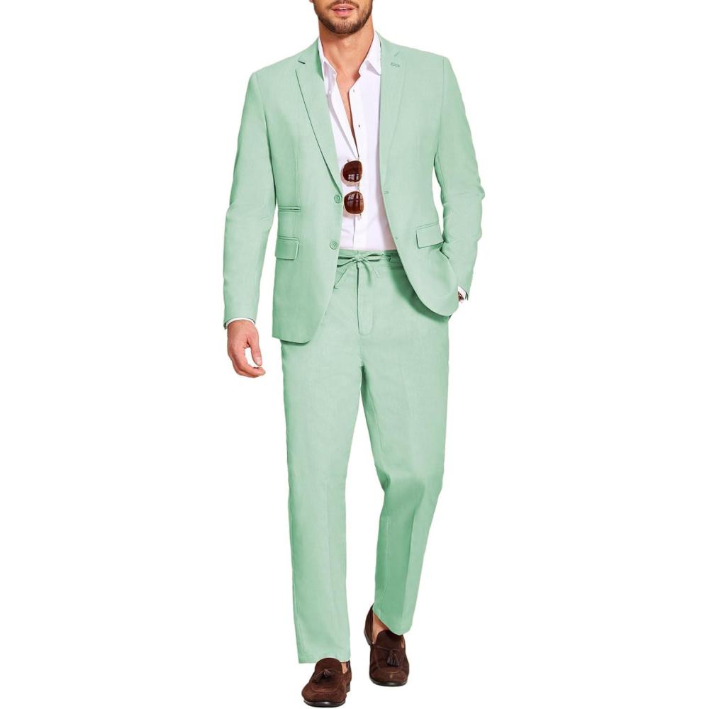 imageCOOFANDY Mens 2 Piece Linen Suits Set Regular Fit Casual Lightweight Blazer Jacket and PantsLight Green