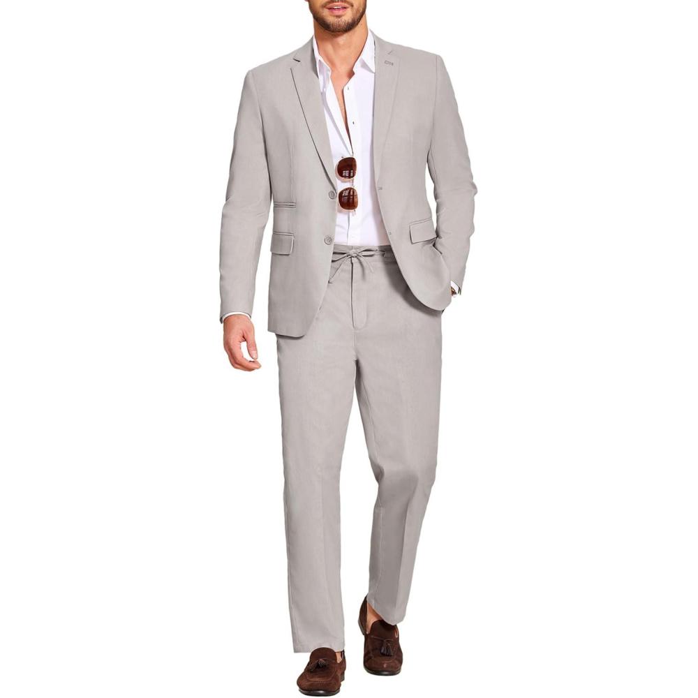 imageCOOFANDY Mens 2 Piece Linen Suits Set Regular Fit Casual Lightweight Blazer Jacket and PantsLight Grey