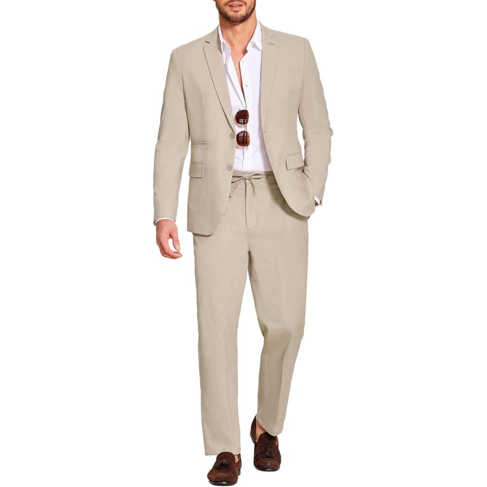 imageCOOFANDY Mens 2 Piece Linen Suits Set Regular Fit Casual Lightweight Blazer Jacket and PantsLight Khaki