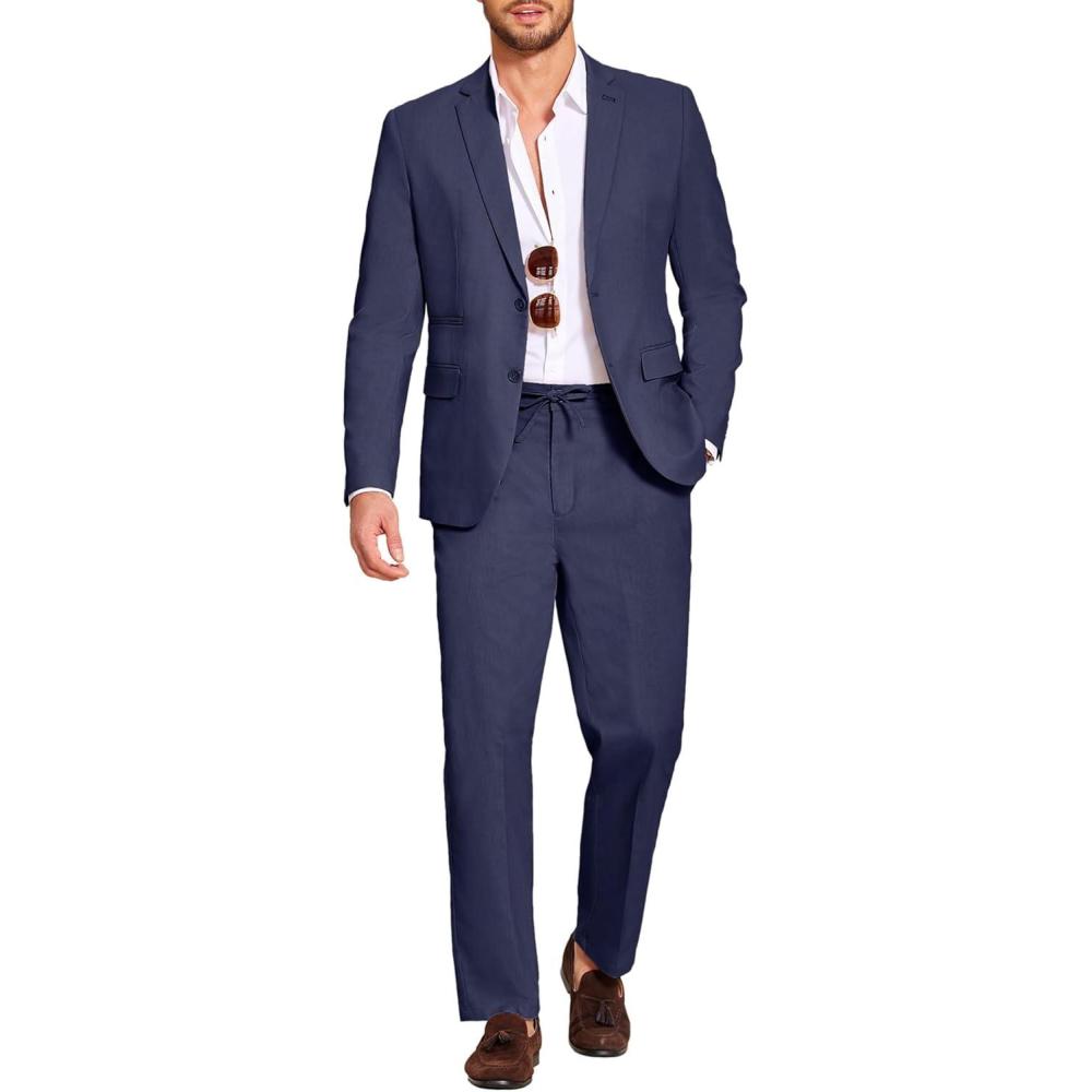 imageCOOFANDY Mens 2 Piece Linen Suits Set Regular Fit Casual Lightweight Blazer Jacket and PantsNavy Blue
