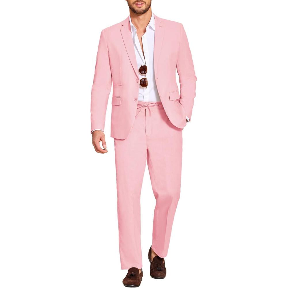 imageCOOFANDY Mens 2 Piece Linen Suits Set Regular Fit Casual Lightweight Blazer Jacket and PantsPink