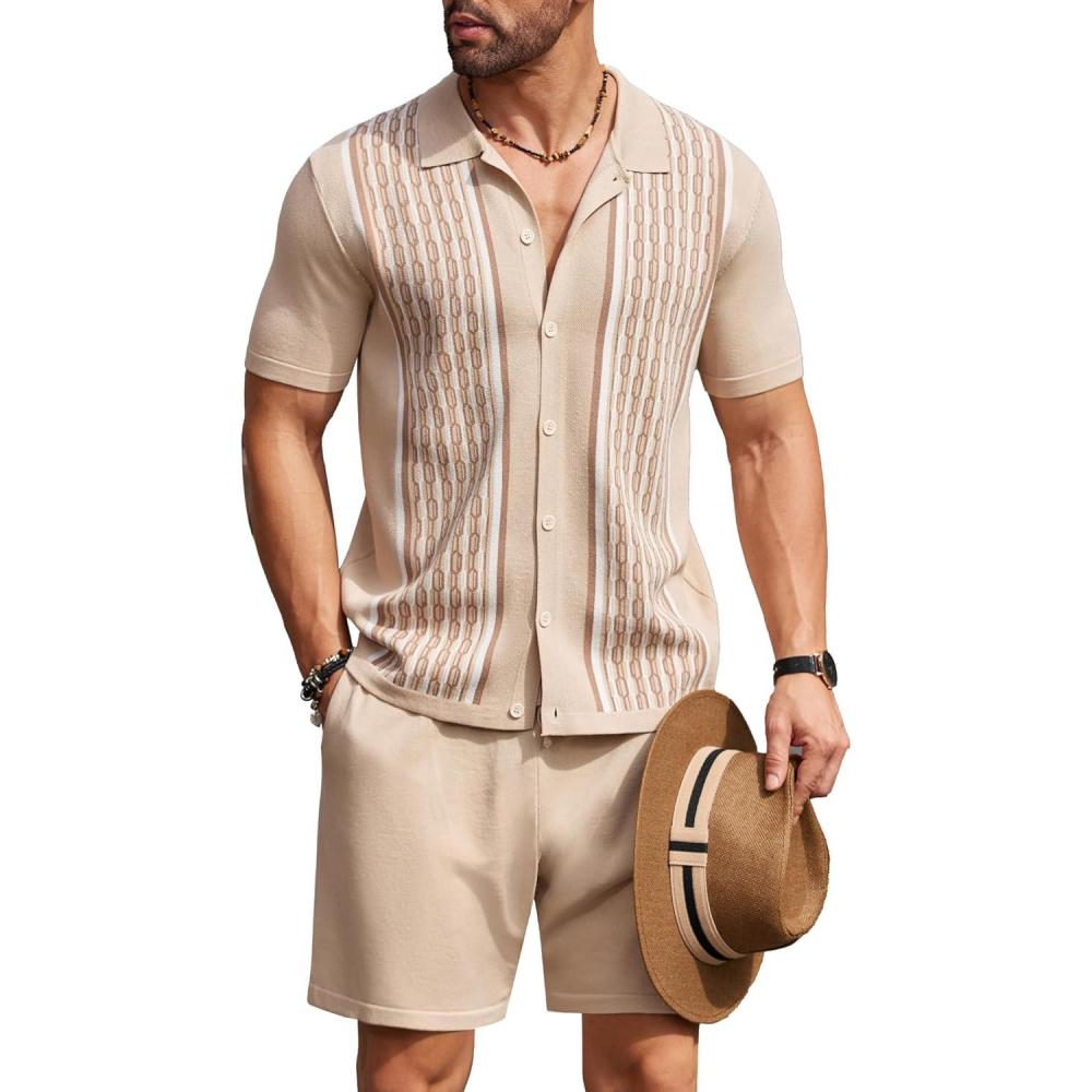 imageCOOFANDY Mens 2 Piece Outfit Vintage Short Sleeve Button Down Knit Polo Shirts Casual Beach Shorts Sets01light Khaki